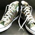 Camouflage Chucks  Green camouflage high tops, angled front view.