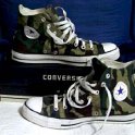 Camouflage Chucks  Inside patch views of green camouflage high tops.