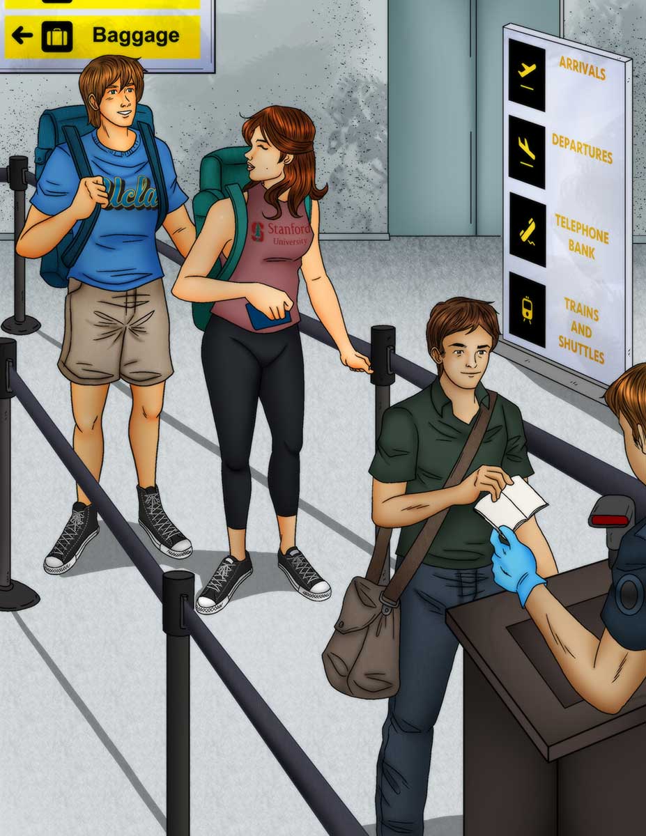 Two student travelers wearing chucks at an airport check in line