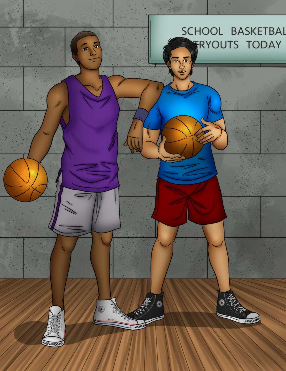 Two guys wearing chucks with a basketball ready for tryouts.