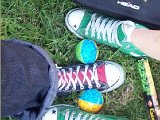 Celtic Green HIgh Top Chucks  Wearing celtic green high top chucks, top view.