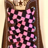 Black and Pink Checkered Shoelaces on Chucks  Chocolate brown low top chuck with black and pink checkered shoelaces.