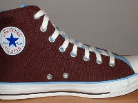 Chocolate and Carolina Blue Foldover High Top Chucks  Left brown and Carolina blue 2-tone high top, inside patch view.