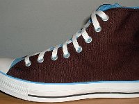 Chocolate and Carolina Blue Foldover High Top Chucks  Left brown and Carolina blue 2-tone high top, outside view.