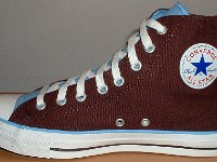 Chocolate and Carolina Blue Foldover High Top Chucks  Right brown and Carolina blue 2-tone high top, inside patch view.