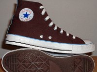 Chocolate and Carolina Blue Foldover High Top Chucks  Brown and Carolina blue 2-tone high tops, Inside patch and sole views.