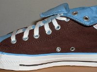 Chocolate and Carolina Blue Foldover High Top Chucks  Rolled down right brown and Carolina blue 2-tone high top, inside patch view.