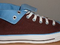 Chocolate and Carolina Blue Foldover High Top Chucks  Rolled down right brown and Carolina blue 2-tone high top, outside view.