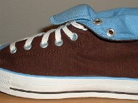 Chocolate and Carolina Blue Foldover High Top Chucks  Rolled down left brown and Carolina blue 2-tone high top, outside view.