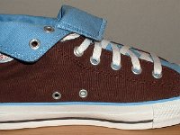 Chocolate and Carolina Blue Foldover High Top Chucks  Rolled down left brown and Carolina blue 2-tone high top, inside patch view.
