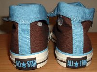 Chocolate and Carolina Blue Foldover High Top Chucks  Rear view of rolled down brown and Carolina blue 2-tone high tops.