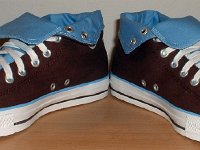Chocolate and Carolina Blue Foldover High Top Chucks  Angled front view of rolled down brown and Carolina blue 2-tone high tops.