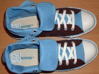 Chocolate and Carolina Blue Foldover High Top Chucks  Top view of rolled down brown and Carolina blue 2-tone high tops.