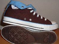 Chocolate and Carolina Blue Foldover High Top Chucks  Inside patch and sole views of rolled down brown and Carolina blue 2-tone high tops.
