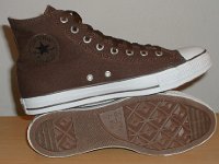 Chocolate and Parchment Fleece High Top Chucks  Inside patch and outer sole views of chocolate brown and parchment fleece high tops.