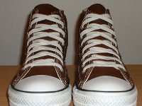 Core Chocolate Brown High Top Chucks  Front view of chocolate brown high tops.
