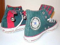 Christmas High Top Chucks  Angled side view of green and red 2 tone high tops. (Left shoe is on the right side)
