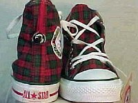 Christmas High Top Chucks  Brand new plaid Christmas high tops on their box, showing front and rear of the shoes.