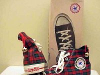 Christmas High Top Chucks  Brand new plaid Christmas high tops, showing the right inside patch and rear heel patch and jingle bell.