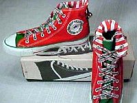Christmas High Top Chucks  Red and green 2 tone high tops showing the inside candy cane lining.