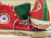 Christmas High Top Chucks  Worn red and green 2 tone high tops, left inside and rear views.
