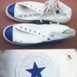 Collectors Items  Inside patch closeup and top view of optical white blue toecap high top chucks.