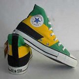 Collectors Items  Jamaican tricolor high tops, in green, yellow, and black, rear and inside patch views.