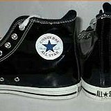 Collectors Items  Converse black patent leather high tops, inside patch and rear views.