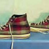 Collectors Items  Plaid high tops, side view.