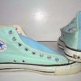 Collectors Items  Tricolor high tops in pastel green, blue, and pink, inside patch and rear views.