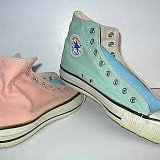 Collectors Items  Pastel green, blue, and pink tricolor high tops, angled inside patch and outside views.