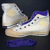 Collectors Items  Tricolor high tops in white, purple and gold, inside patch views.