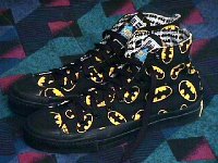 Chucks With Commercial Pattern Uppers  Batman high tops, angled side view.