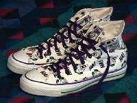 Chucks With Commercial Pattern Uppers  Joker high tops (from the Batman series), outside view.