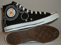 Converse Century Print High Top Chucks  Inside patch and sole views of black, white, and orange century print high tops.