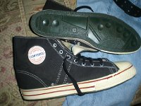 Converse Vintage Shoes  Inside patch and sole views of  black canvas high tops.