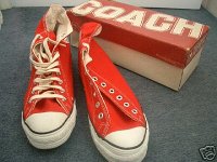 Converse Vintage Shoes  Top view of red coach high tops.