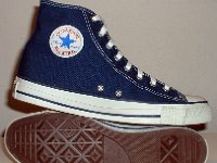 Core Navy Blue High Top Chucks  Inside patch and sole views of navy blue high tops.
