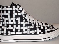 Crossword Puzzle Print High Top Chucks  Outside view of a right crossword puzzle print high top.