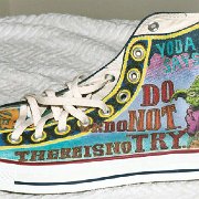 Custom Painted High Top Chucks  Ryan's left high top, outside view, showing Yoda and quotes from Star Wars.