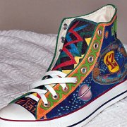 Custom Painted High Top Chucks  Angled front view of Seth's left high top.