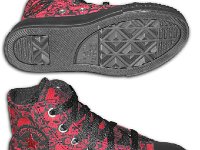 Chucks With Custom Print Pattern Uppers  Inside patch and sole view of red and black skull print high tops.