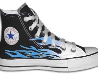 Chucks With Custom Print Pattern Uppers  Inside patch view of a left black and blue flames high top.