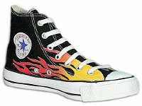 Chucks With Custom Print Pattern Uppers  Black flame high top, left inside patch view.