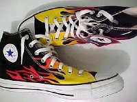 Chucks With Custom Print Pattern Uppers  Black flame high tops, inside patch and top views.