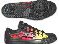 Chucks With Custom Print Pattern Uppers  Side and sole views of monochrome black flames low cuts.