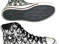 Chucks With Custom Print Pattern Uppers  Inside patch and sole views of skull flames high tops.