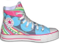 Chucks With Custom Print Pattern Uppers  Inside patch view of a left pink funk flow high top.