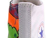Chucks With Custom Print Pattern Uppers  Rear view of a left white graffiti high top.