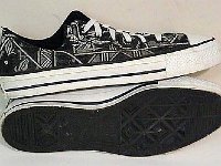 Chucks With Custom Print Pattern Uppers  Black and white graphic pattern low cuts, side and sole views.